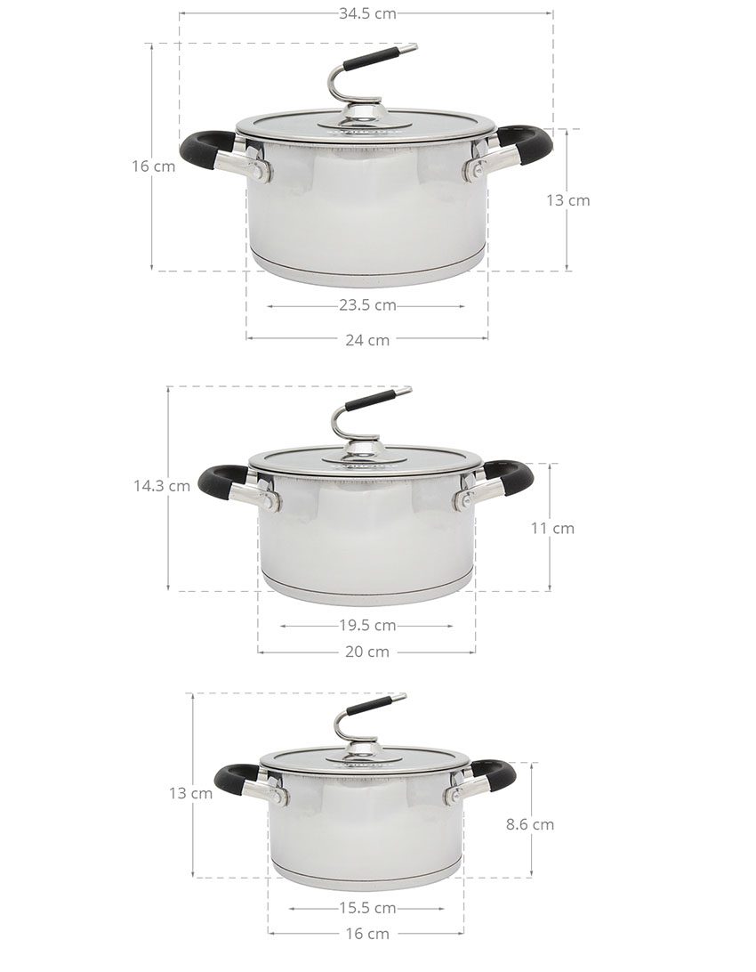 Kích thước của bộ nồi 3 đáy Sunhouse SH891