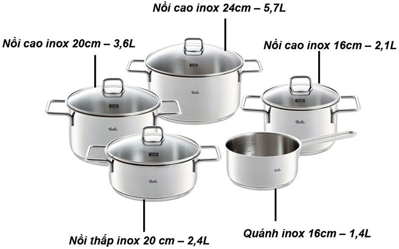 Kích thước và dung tích của Bộ nồi 5 món Fissler Muchen