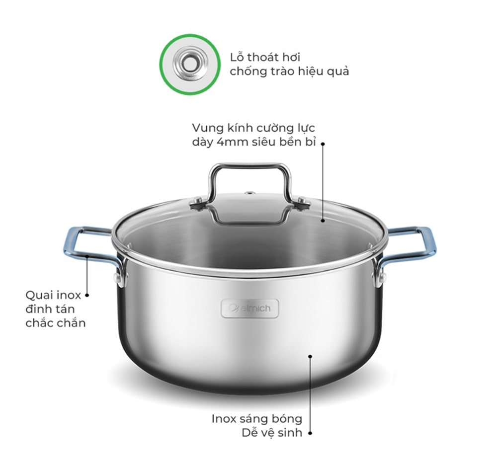 Nồi inox liền khối Elmich Trimax XR EL-3843 size 16, 20, 24cm - Hàng chính hãng
