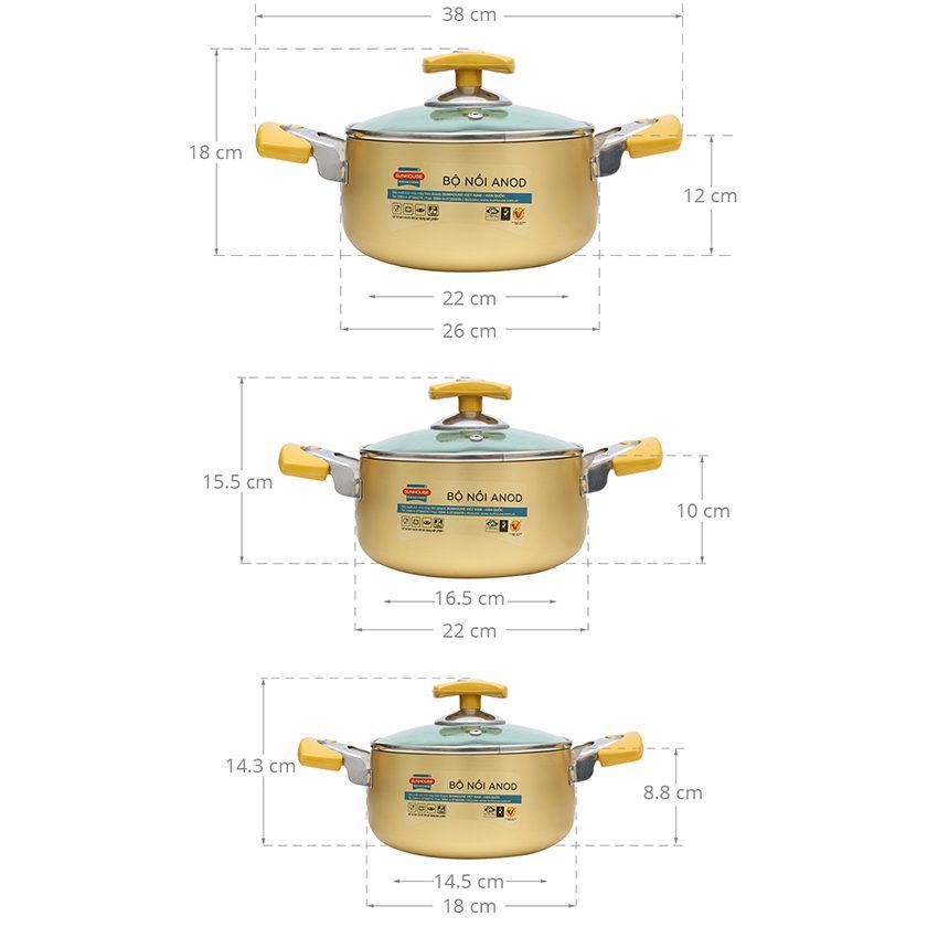 Bộ nồi Anod Sunhouse SH8834 - Hàng chính hãng