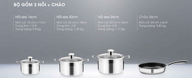 Bộ nồi chảo inox Mutosi MC-347 - Hàng chính hãng
