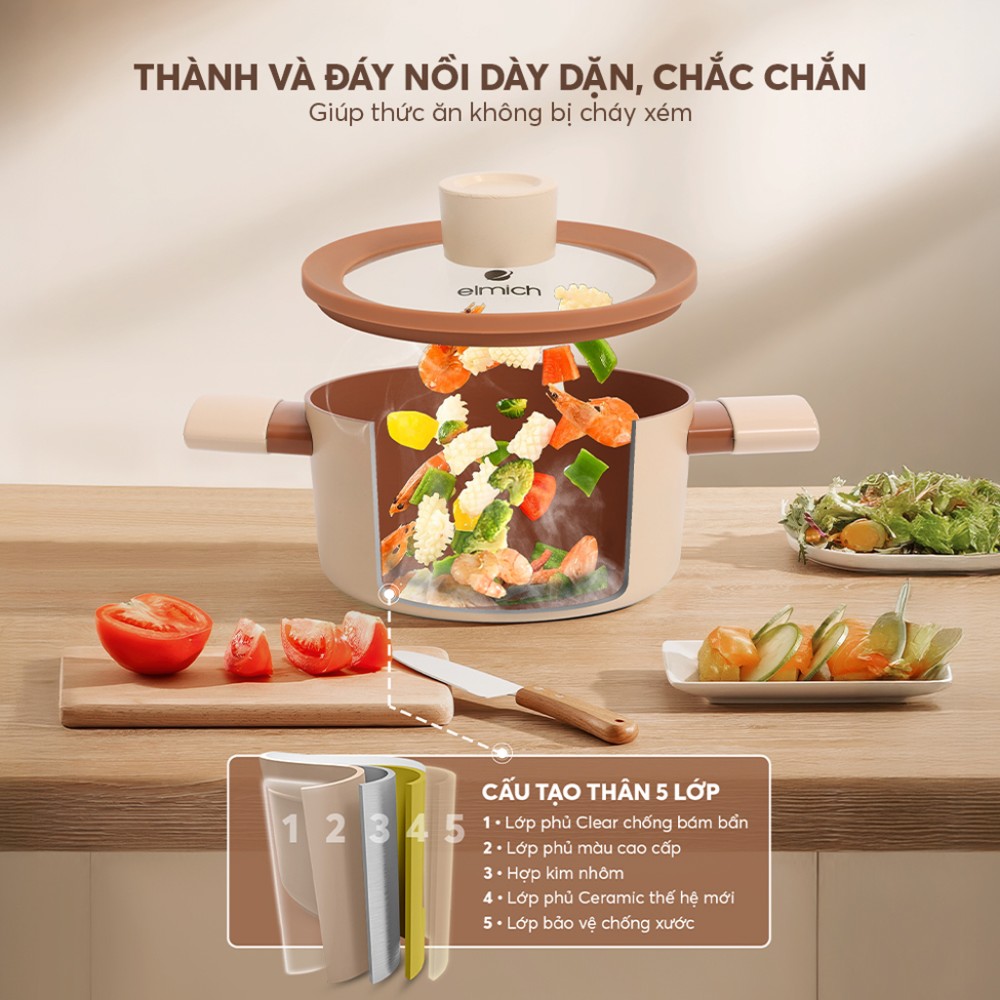 Bộ nồi chống dính Ceramic Elmich Mocha EL5243MC04 - Hàng chính hãng