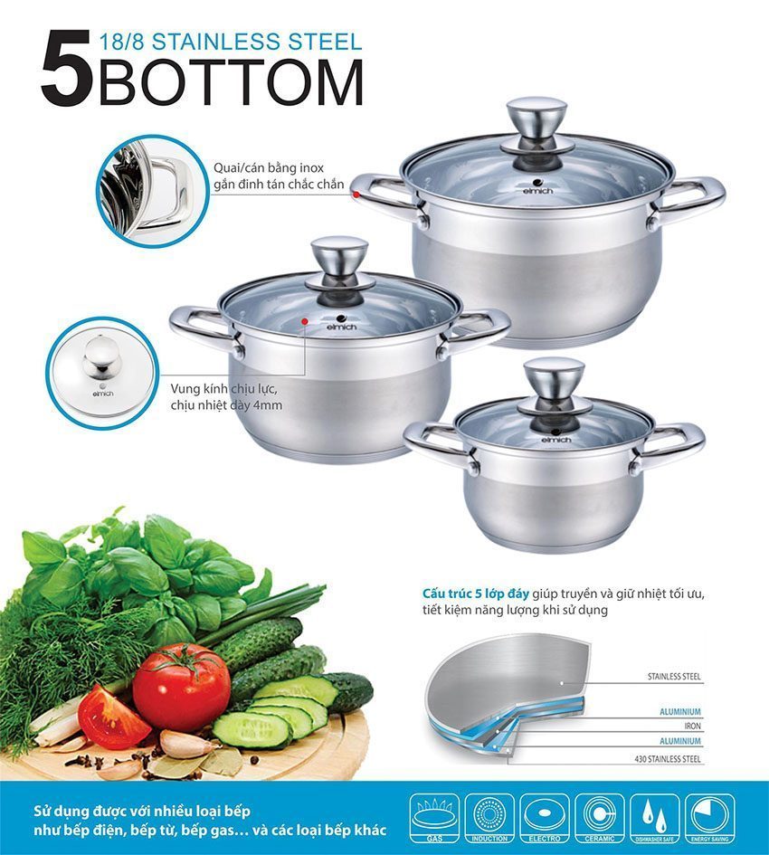 Bộ nồi inox 3 chiếc Smartcook Elmich SM-3337 - Hàng chính hãng