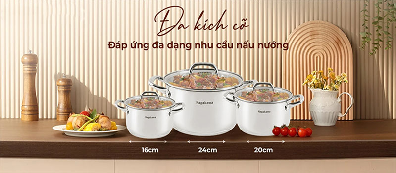Bộ nồi inox 3 món Nagakawa NAG1360 - Hàng chính hãng