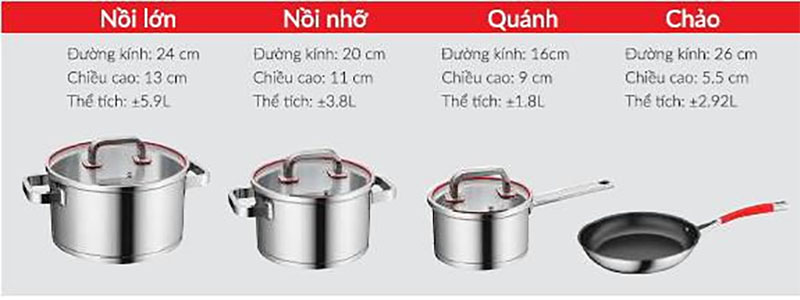Kích thước của Bộ nồi inox Eurosun MC1803-PREMIUM
