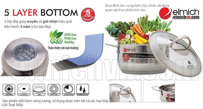Đáy nồi inox 5 đáy Elmich Celestine 5 chiếc 18-20-22-24-28