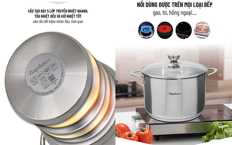 Bộ nồi inox 5 đáy Nagakawa NAG1351 - Hàng chính hãng