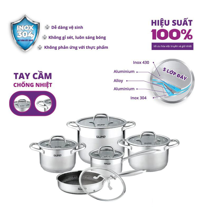 Bộ nồi inox 5 món Gume GMPPS-2201 - Hàng chính hãng