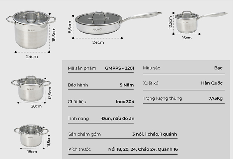Bộ nồi inox 5 món Gume GMPPS-2201 - Hàng chính hãng