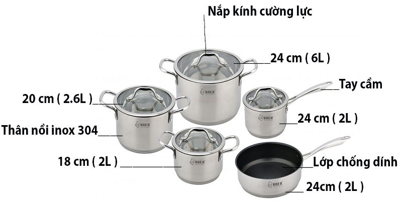 Bộ nồi inox Arber AB05PLUS - Hàng chính hãng