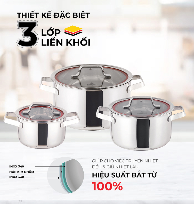 Bộ nồi inox 3 món Kalpen Emer EM1 - Hàng chính hãng