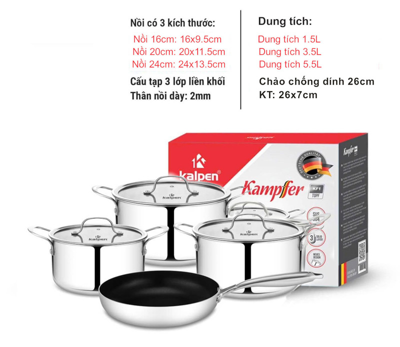 Bộ nồi chảo inox 3 lớp Kalpen Kampfer KF2 - Hàng chính hãng