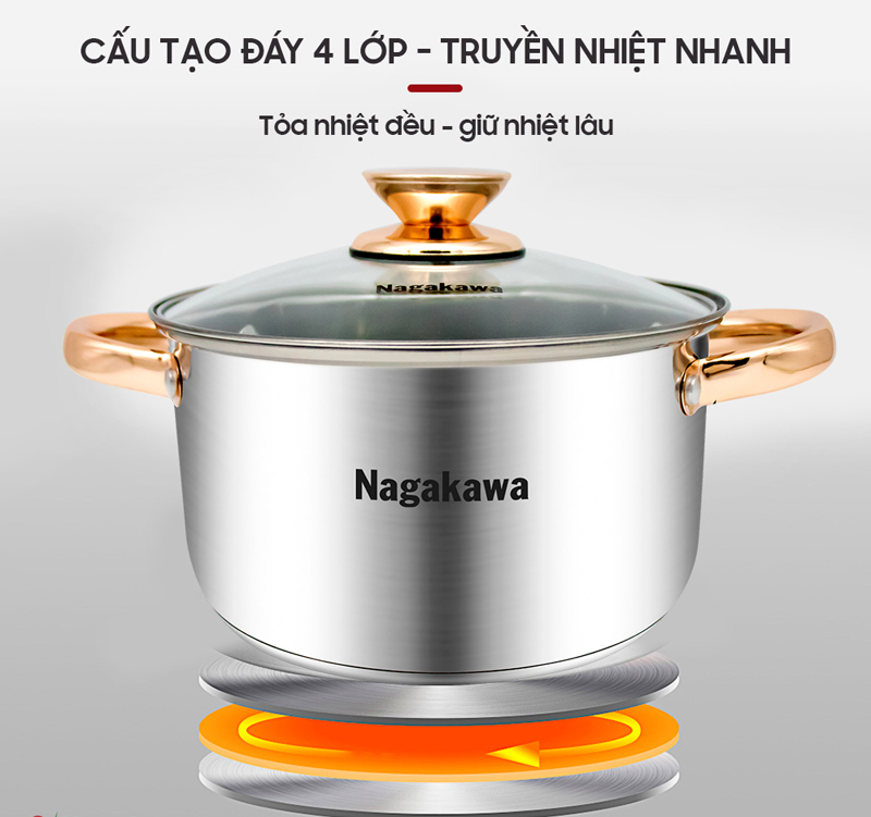 Đáy nồi có cấu tạo 4 lớp dày dặn giúp truyền vã giữ nhiệt cực kỳ ổn định