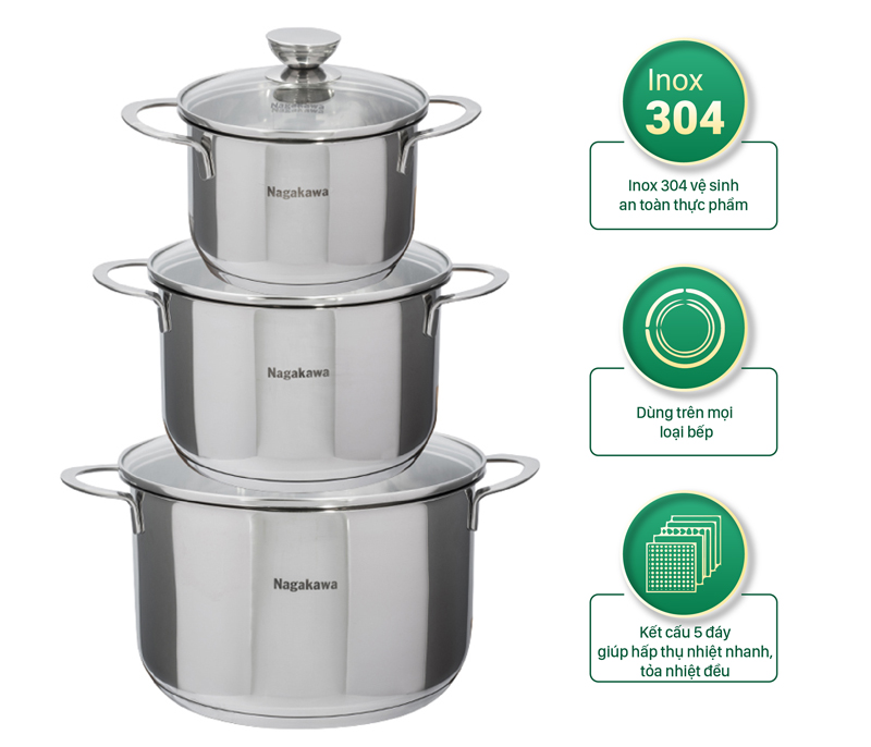 Bộ nồi inox Nagakawa NAG1356 - Hàng chính hãng