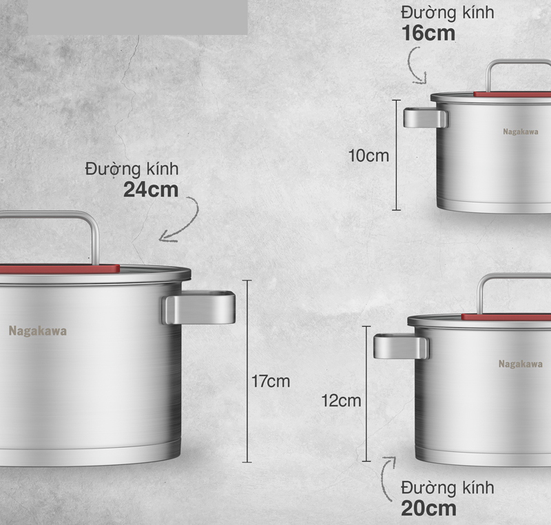Bộ nồi inox Nagakawa NAG1357 - Hàng chính hãng