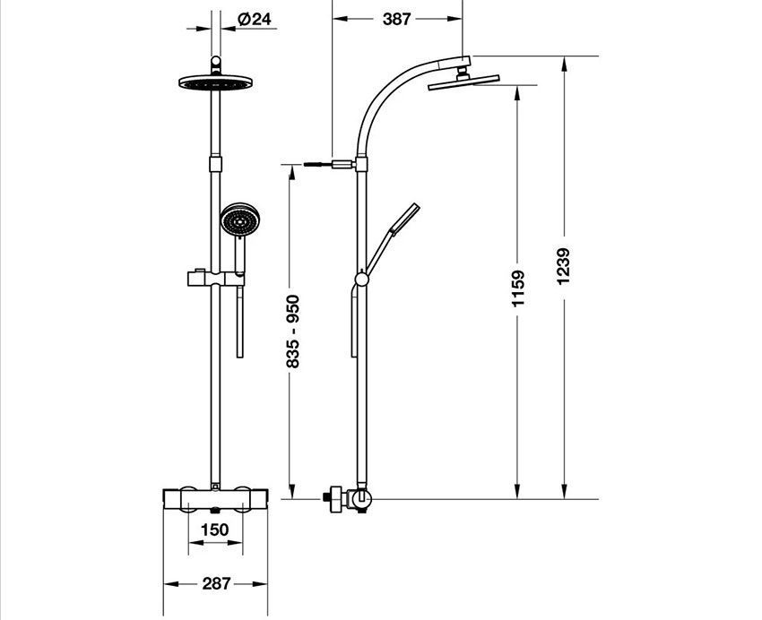Kích thước của bộ sen tắm điều nhiệt Hafele Techno (ZD)