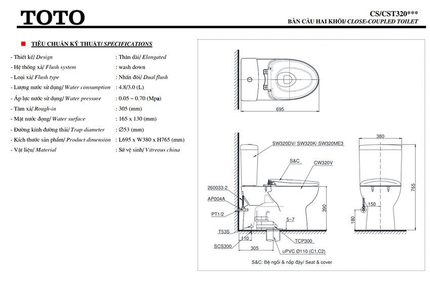 Bồn cầu hai khối Toto CS320PDRW11 - Hàng chính hãng