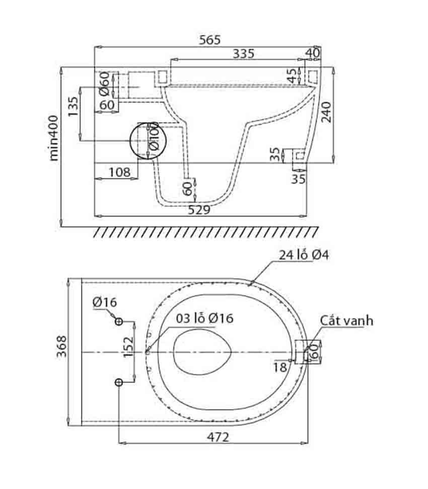 Kích thước của bồn cầu két nước âm tường Viglacera V55