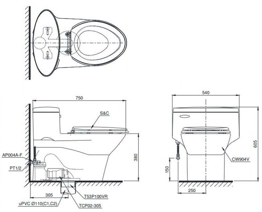 Bồn cầu một khối Toto MS904T8 - Hàng chính hãng