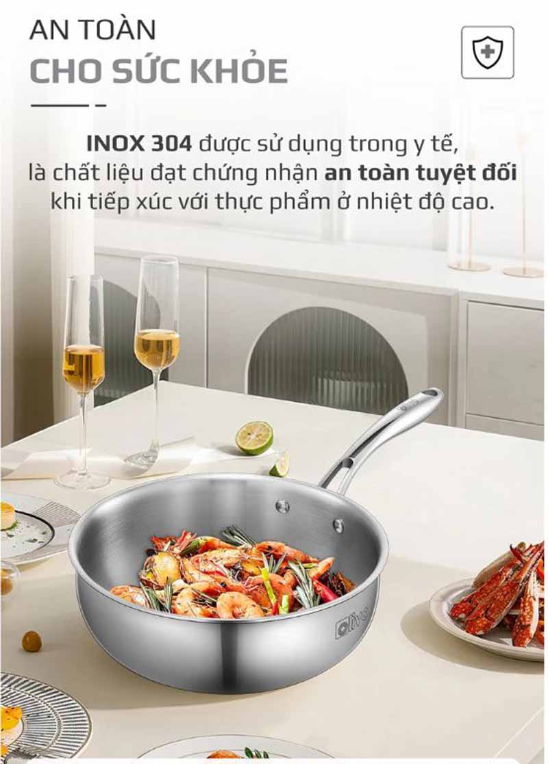 Thân chảo bằng inox 304, an toàn cho sức khỏe