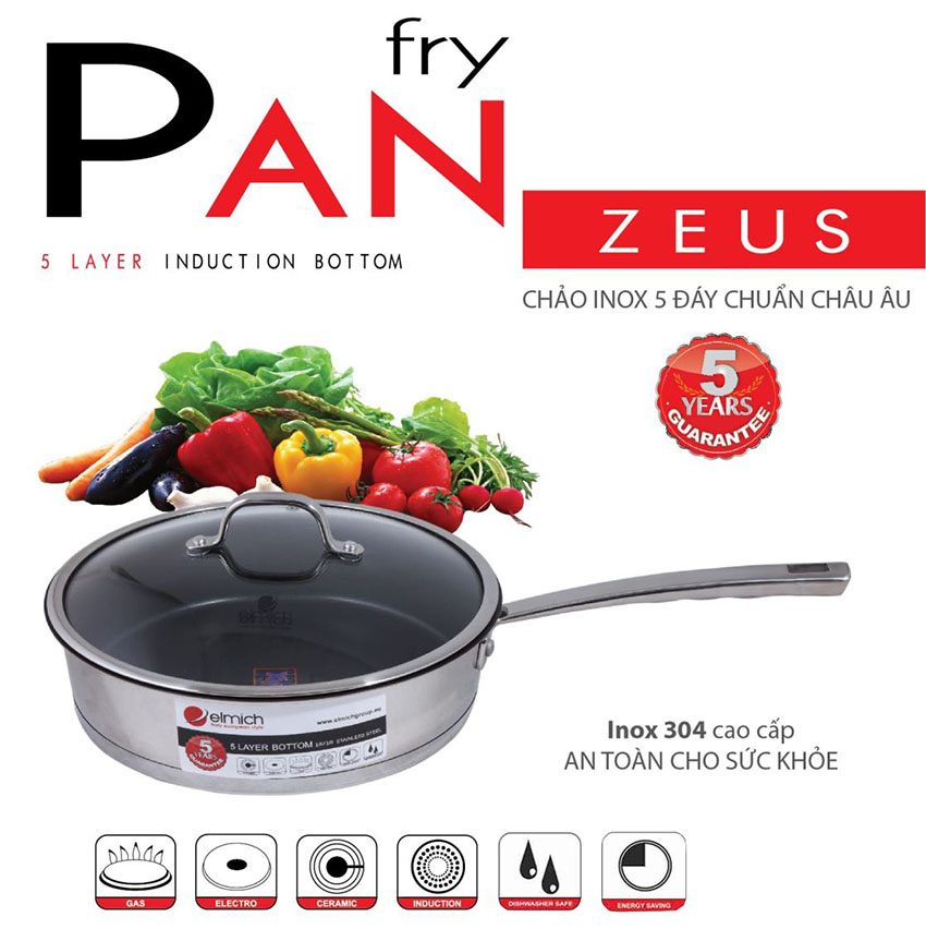 Chảo chống dính inox 304 Zeus 28cm Elmich EL0978 với cấu trúc đáy 5 lớp