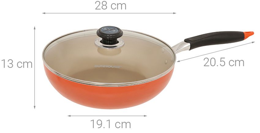 Kích thước của Chảo sâu đáy từ vung kính Sunhouse SHG1228MOB