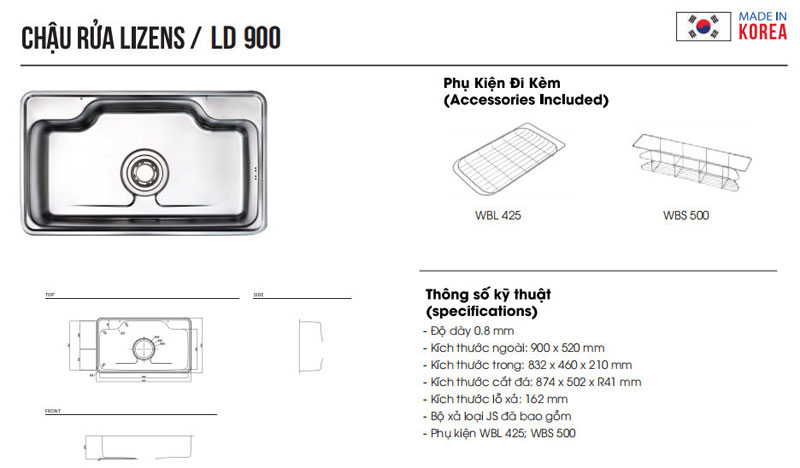 Chậu rửa bát 1 hố Hàn Quốc Lizens LD 900 - Hàng chính hãng