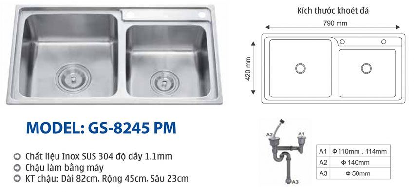 Tính năng và kích thước lắp đặt của chậu rửa bát Giovani GS-8245 PM