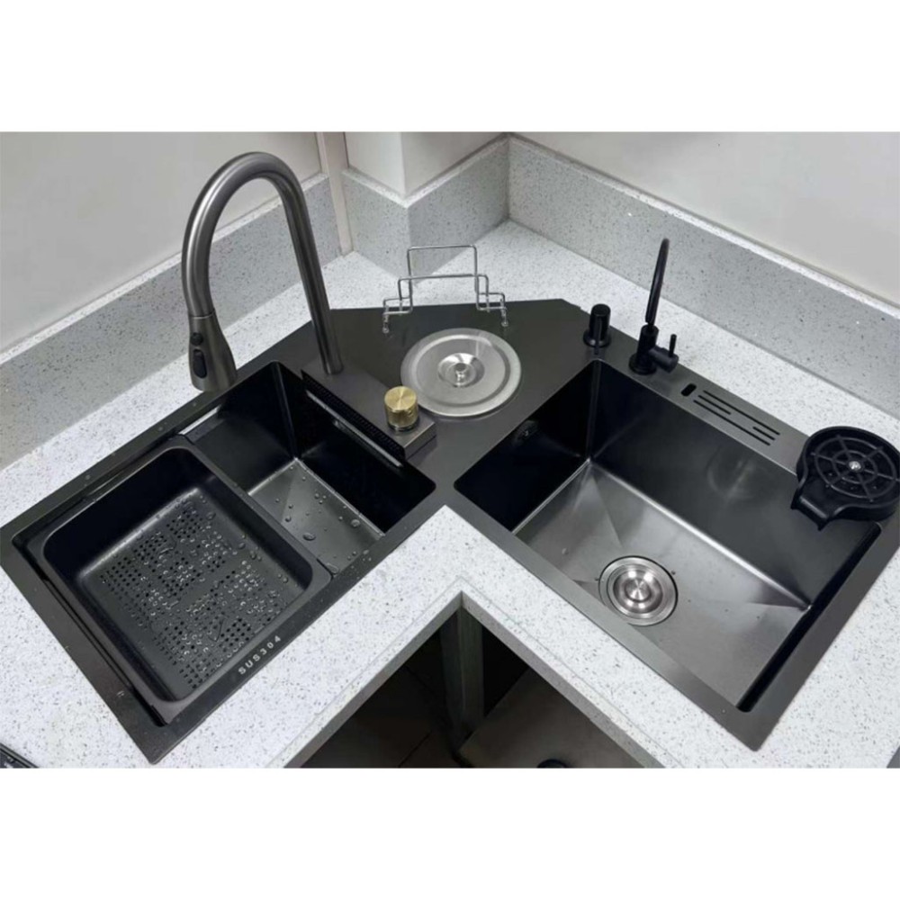 Chậu rửa bát đặt góc 2 hộc inox KAFF KF-ZJ9980-B - Hàng chính hãng