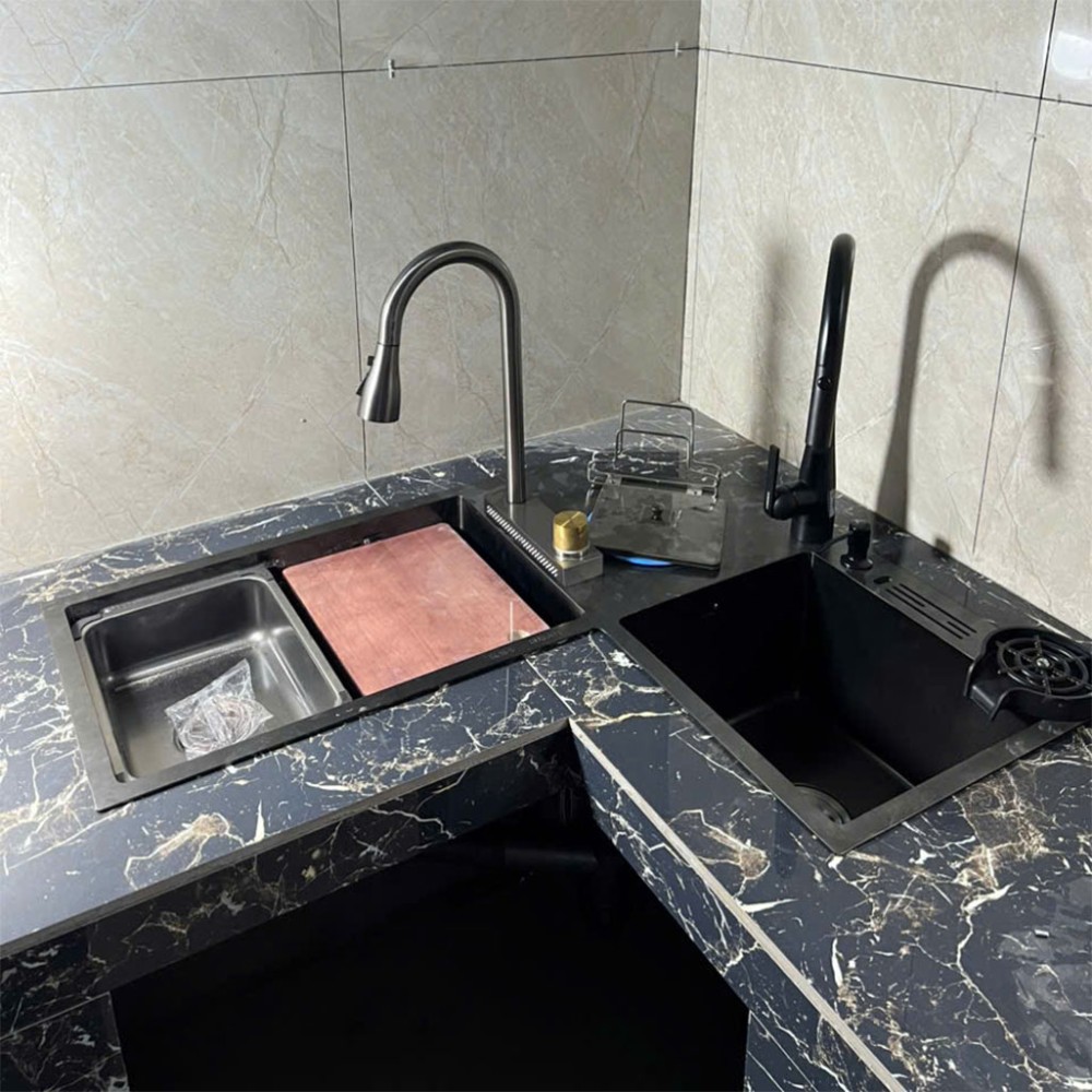 Chậu rửa bát đặt góc 2 hộc inox KAFF KF-ZJ9980-B - Hàng chính hãng