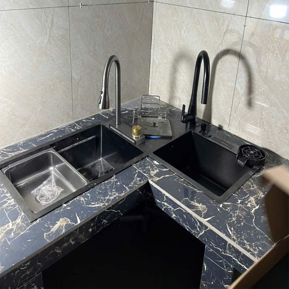 Chậu rửa bát đặt góc 2 hộc inox KAFF KF-ZJ9980-B - Hàng chính hãng