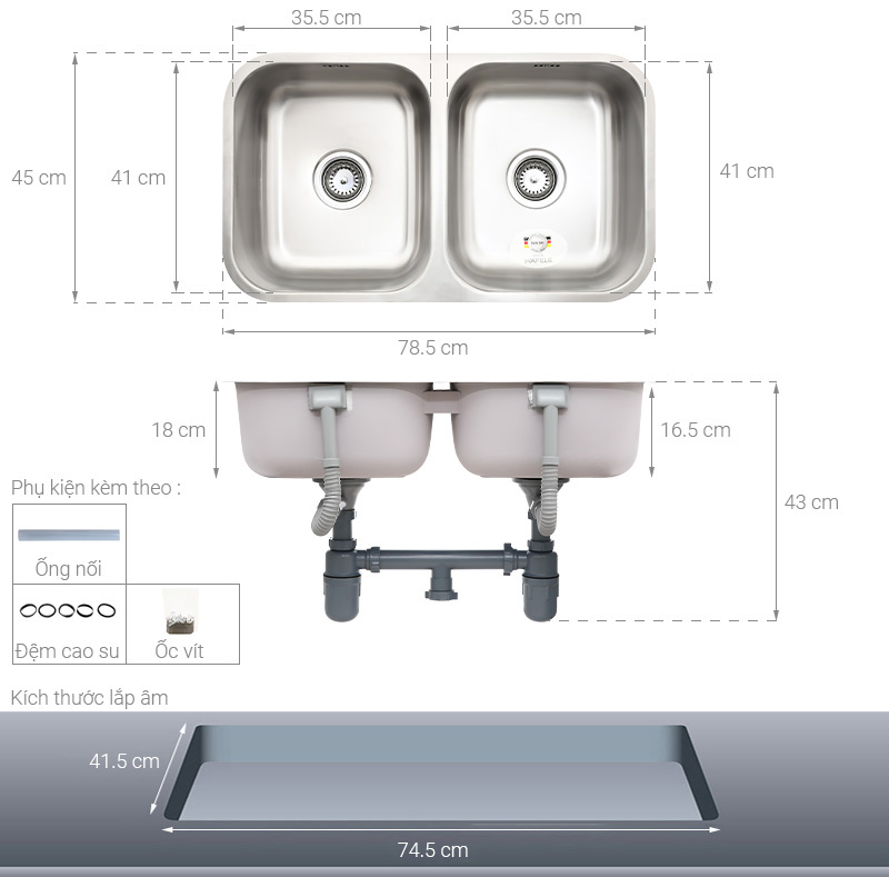 Kích thước của chậu rửa bát Hafele HS20-SSN2R90S/ 567.20.506