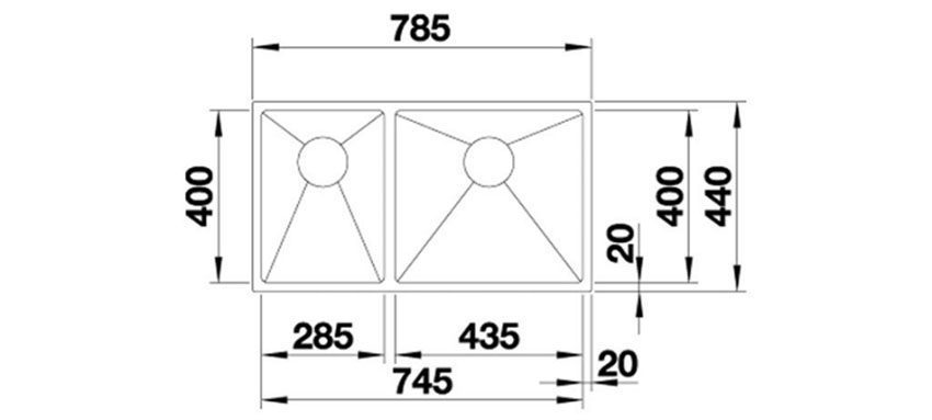 Kích thước của chậu rửa bát inox Hafele Blanco QUATRUS R15 285/435-IU 570.27.169