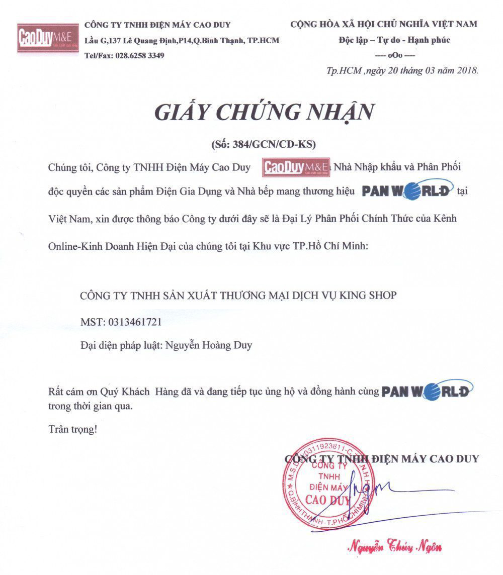 Chứng nhận đại lý chính thức thương hiệu Panworld