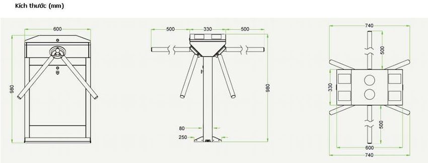 Kích thước của cổng xoay ba càng bán tự động ZKTeco TS1200 