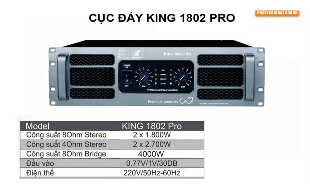 Cục đẩy công suất 2 kênh Caf King 1802PRO - Hàng chính hãng