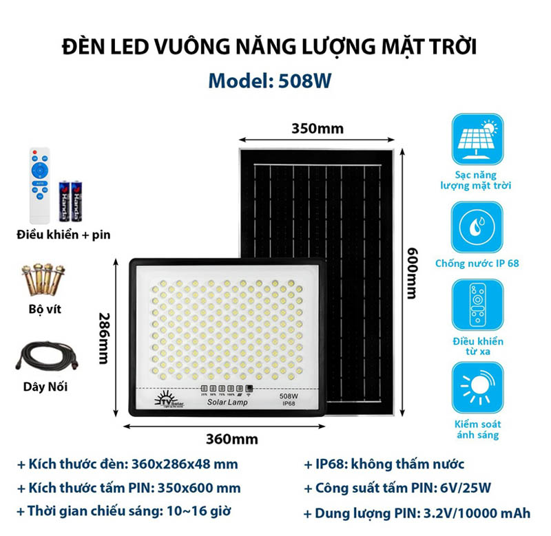 Đèn led vuông năng lượng mặt trời Solar Light 508W - Hàng chính hãng
