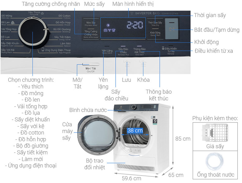 Máy sấy bơm nhiệt Electrolux 8 kg EDH803Q7WB - Hàng chính hãng