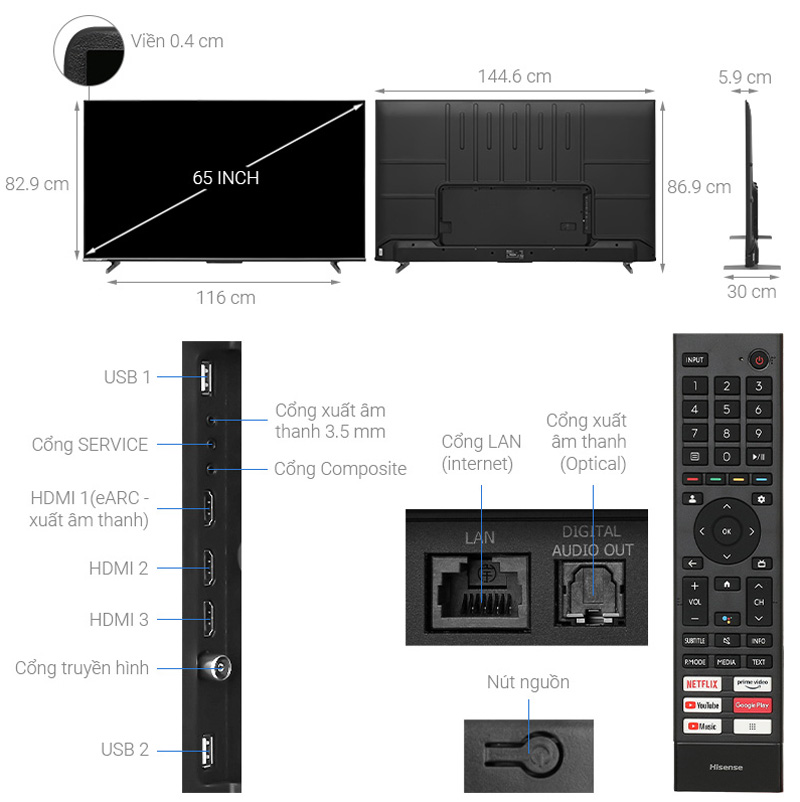 Google tivi Hisense 4K 65 inch 65A6500K - Hàng chính hãng