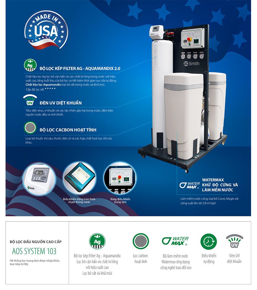 Hệ thống lọc nước đầu nguồn cao cấp A.O.Smith AOS SYSTEM 103 - Hàng chính hãng