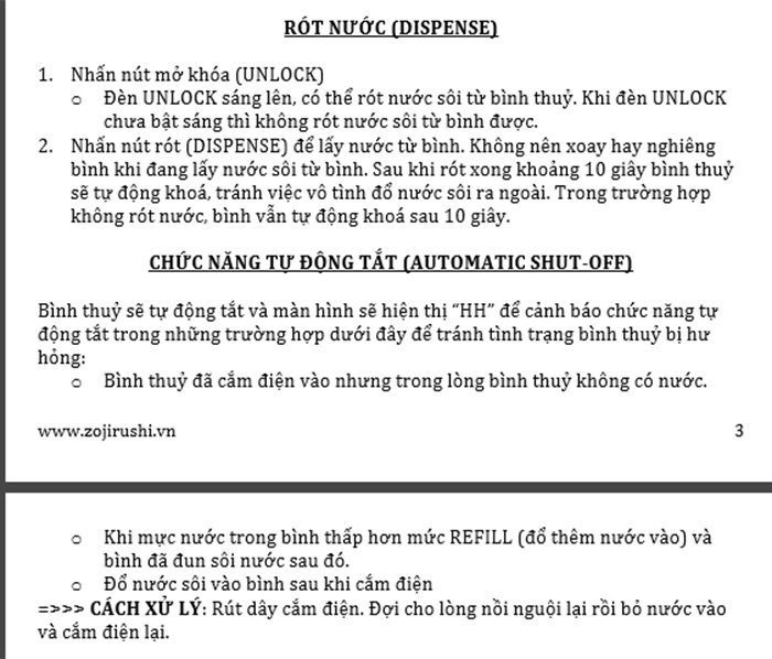 Hướng dẫn sử dụng bình thuỷ điện Zojirushi CD-JUQ30