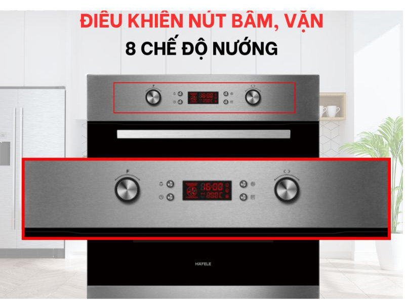 Bảng điều khiển nút bấm kết hợp núm xoay ở mặt trước lò, có màn hình LED hiển thị thông số
