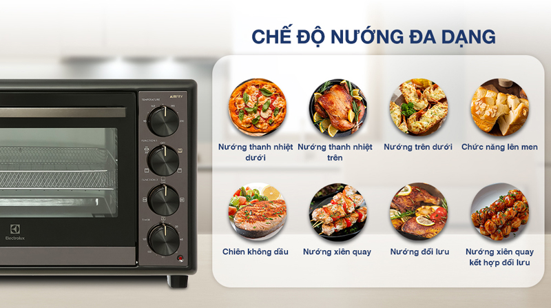Lò có 7 chế độ nướng đa dạng, đáp ứng nhu cầu thực đơn hàng ngày cho gia đình bạn