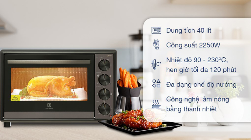 Công suất nướng lên đến 2250W giúp thực phẩm được nướng cực nhan