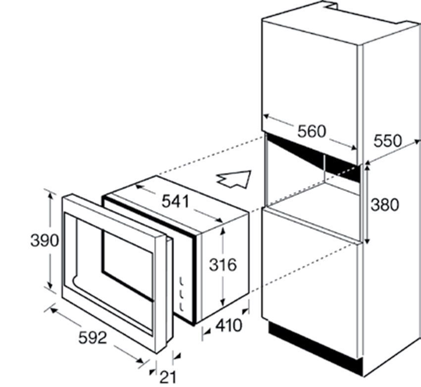 Kích thước của lò vi sóng kèm nướng âm tủ Brandt ME1040X