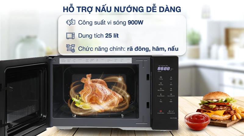Lò có dung tích 25lit, hoạt động mạnh mẽ với công suất 900W giúp thức ăn nhanh chín