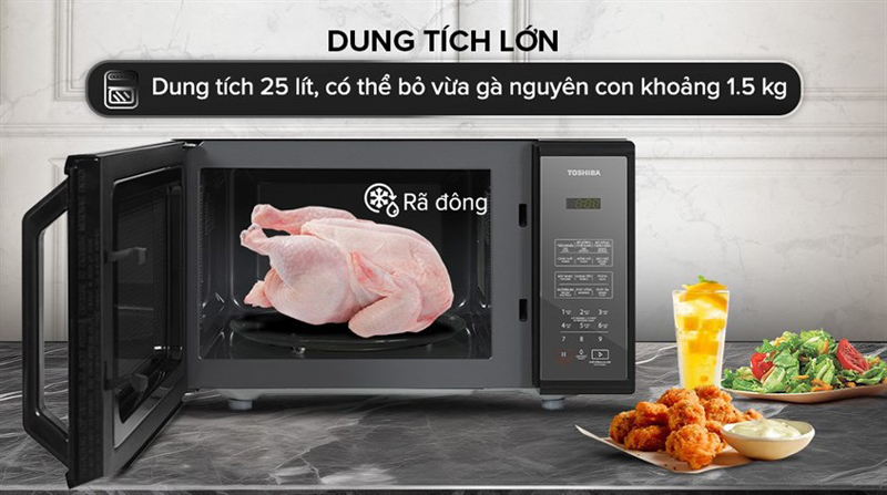 Dung tích 25 lít có thể chứa được gà nguyên con khoảng 1.5kg.