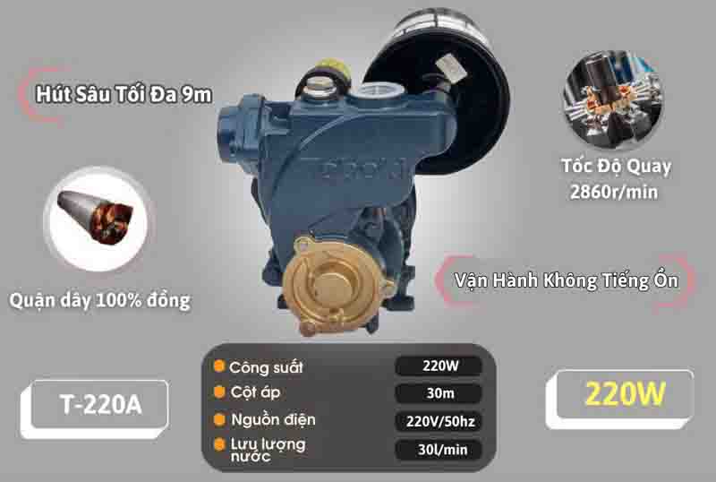 Máy bơm tăng áp Toboki T-220A 220W - Hàng chính hãng