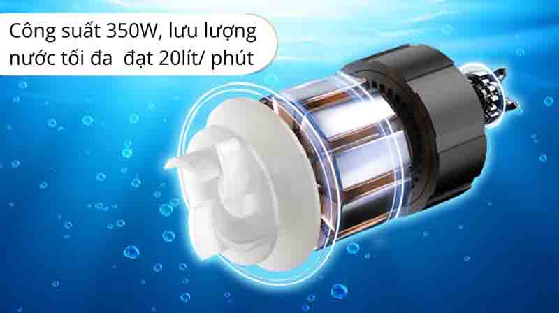 Công suất 350W, lưu lượng nước tối đa khi bơm đạt 20lít/ phút