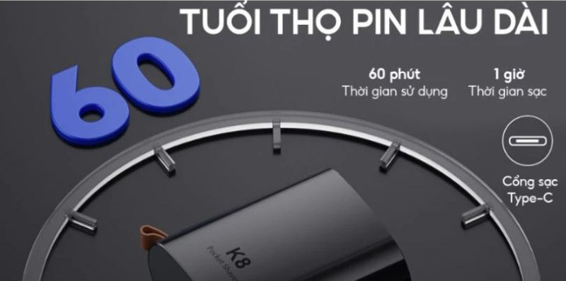 Sử dụng pin Lion nên thời gian sử dụng lâu, sạc nhanh đầy